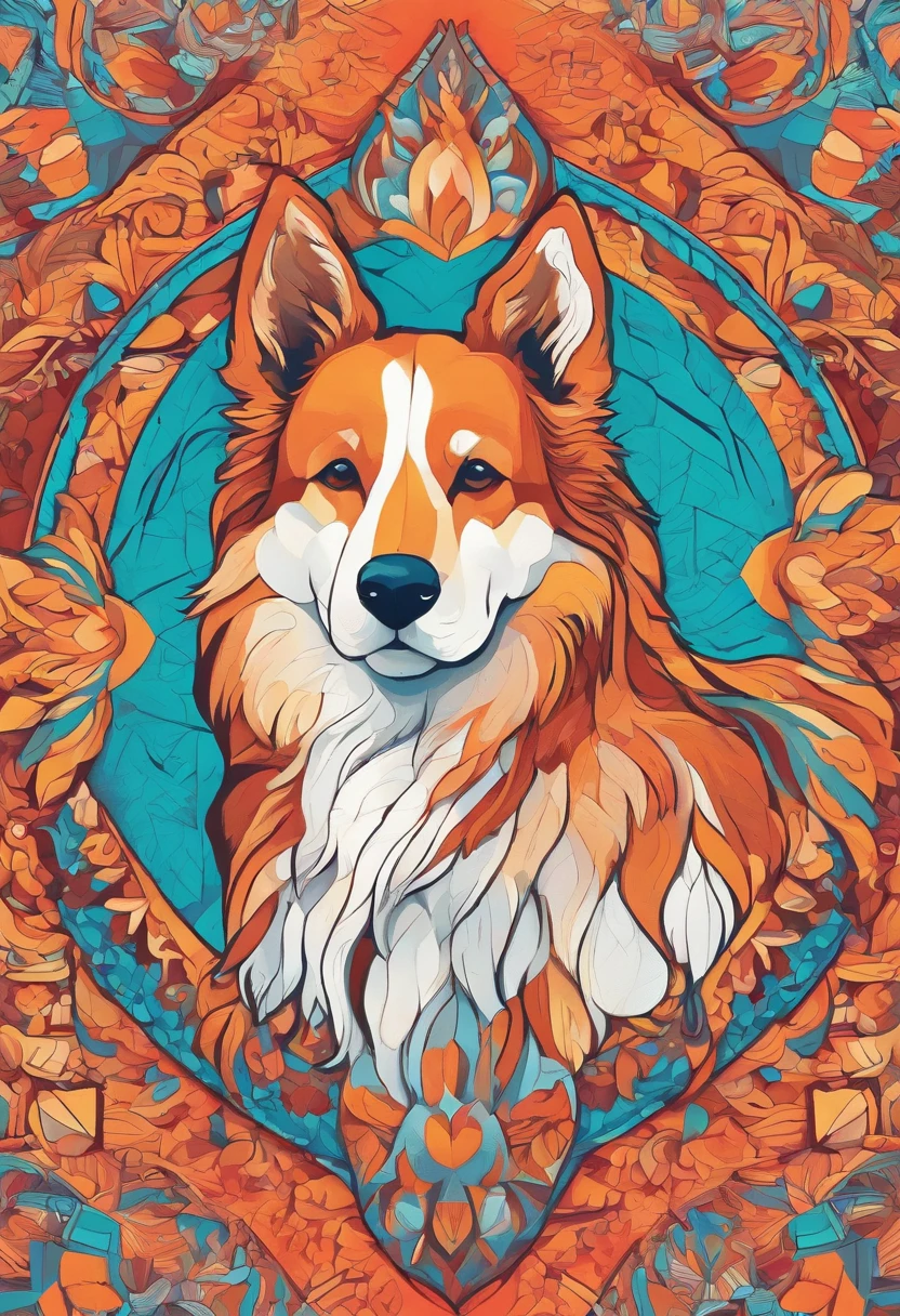 Bright color painting of a mandala with a simple and cute Collie dog motif
