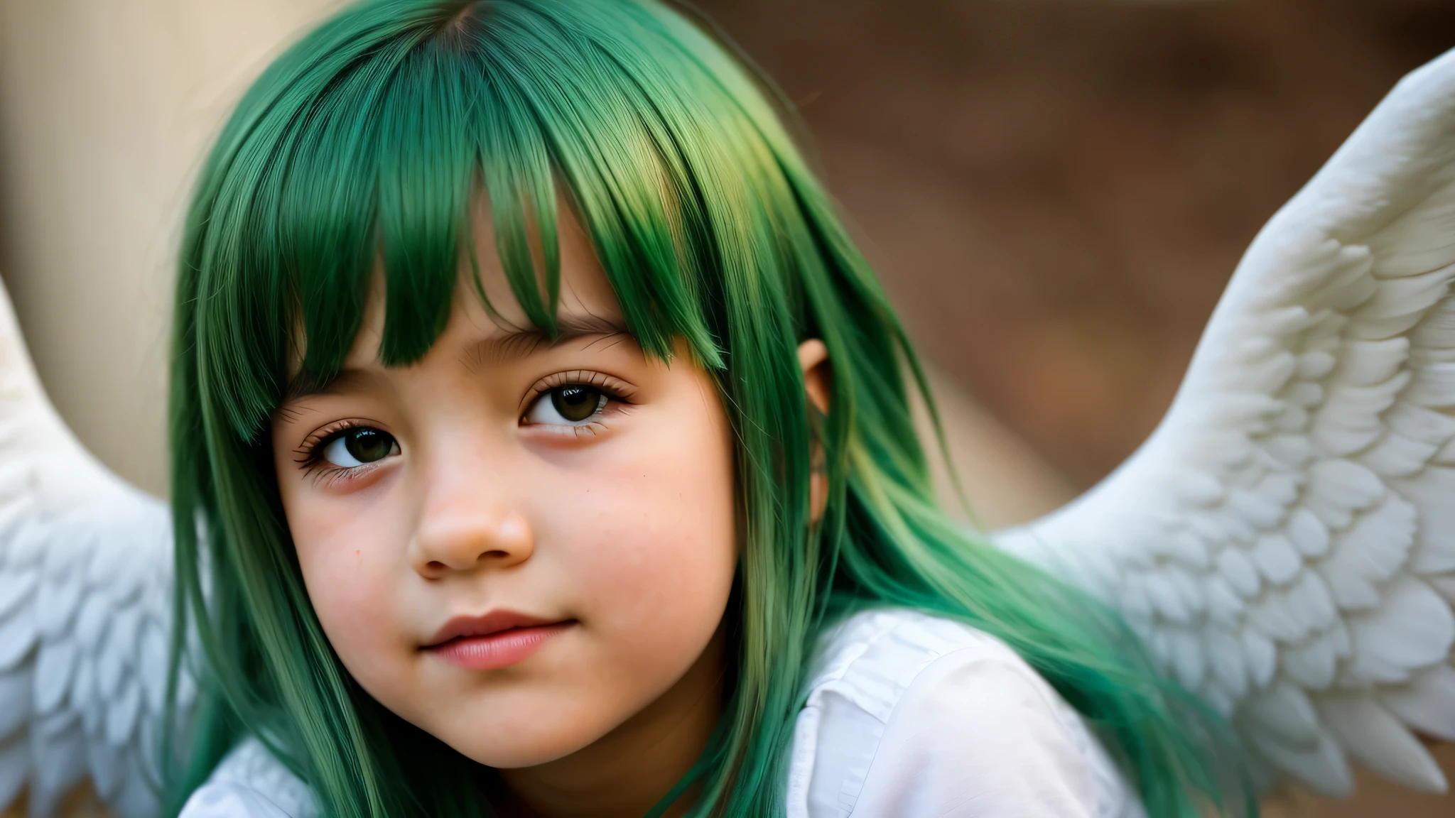 KIDS GIRL green hair in a wings of angel, close up portrait photo,