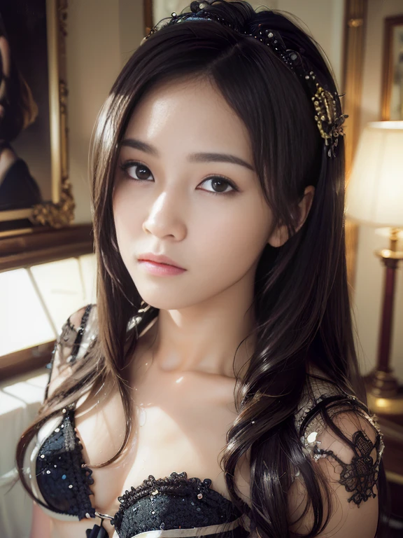 (Photorealistic:1.4), (Masterpiece, Sidelight, Exquisite Beautiful Eyes: 1.2), Masterpiece*Portrait, Realistic, 3D Face, Glistening Eyes, Glossy Hair, Glossy Skin, Solo, Embarrassing, (Abdomen), small breast