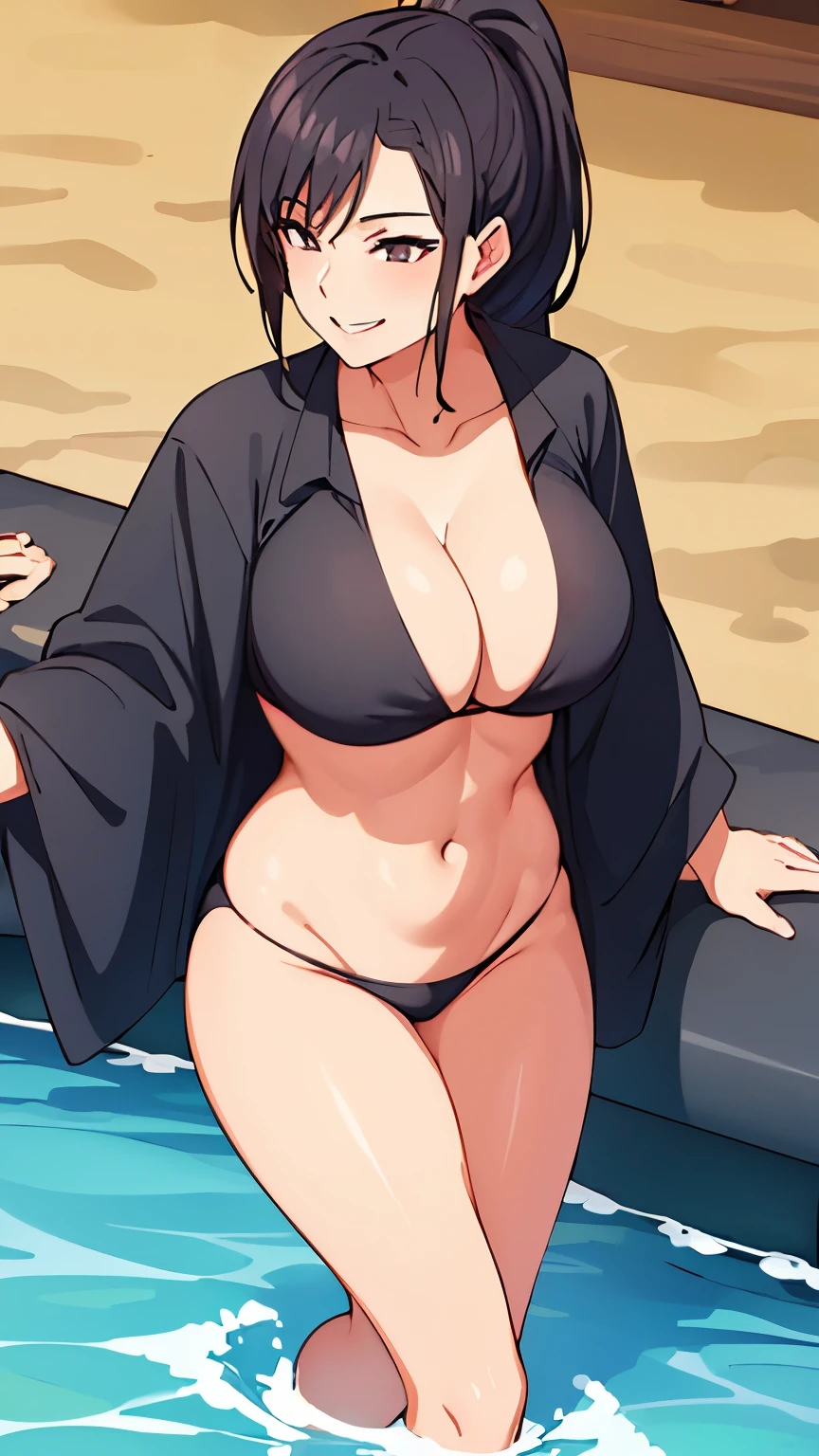 1 milf, ponytail hair, smiling, wearing a black bikini