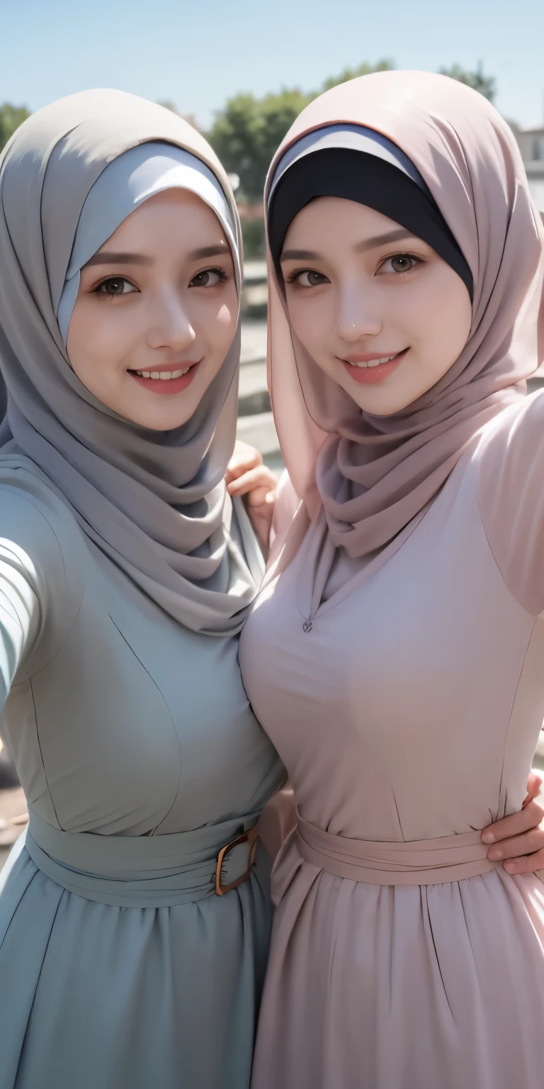 masutepiece, Best Quality, Illustration, Highly detailed, fine detail, high resolution, 8K Wallpaper, Perfect dynamic composition, Many people in hijab, many people's hijab, (three girls in hijab nude body taking front camera photo), many people, Detail of beautiful eyes, Natural Lips , Smiling lips,(Lips laughed lightly), Hand details, (perfect fingers, no defects), Wearing a Muslim hijab, Muslim gamis clothes, luxurious jubba thobbe, view of the blue sky, sunlight, close-up photo, (three girls wearing hijabs taking photos holding the front camera, nude body), lots of people wearing hijabs, girls taking photos, showing your big breasts, people wearing hijabs, all the girls holding front cameras