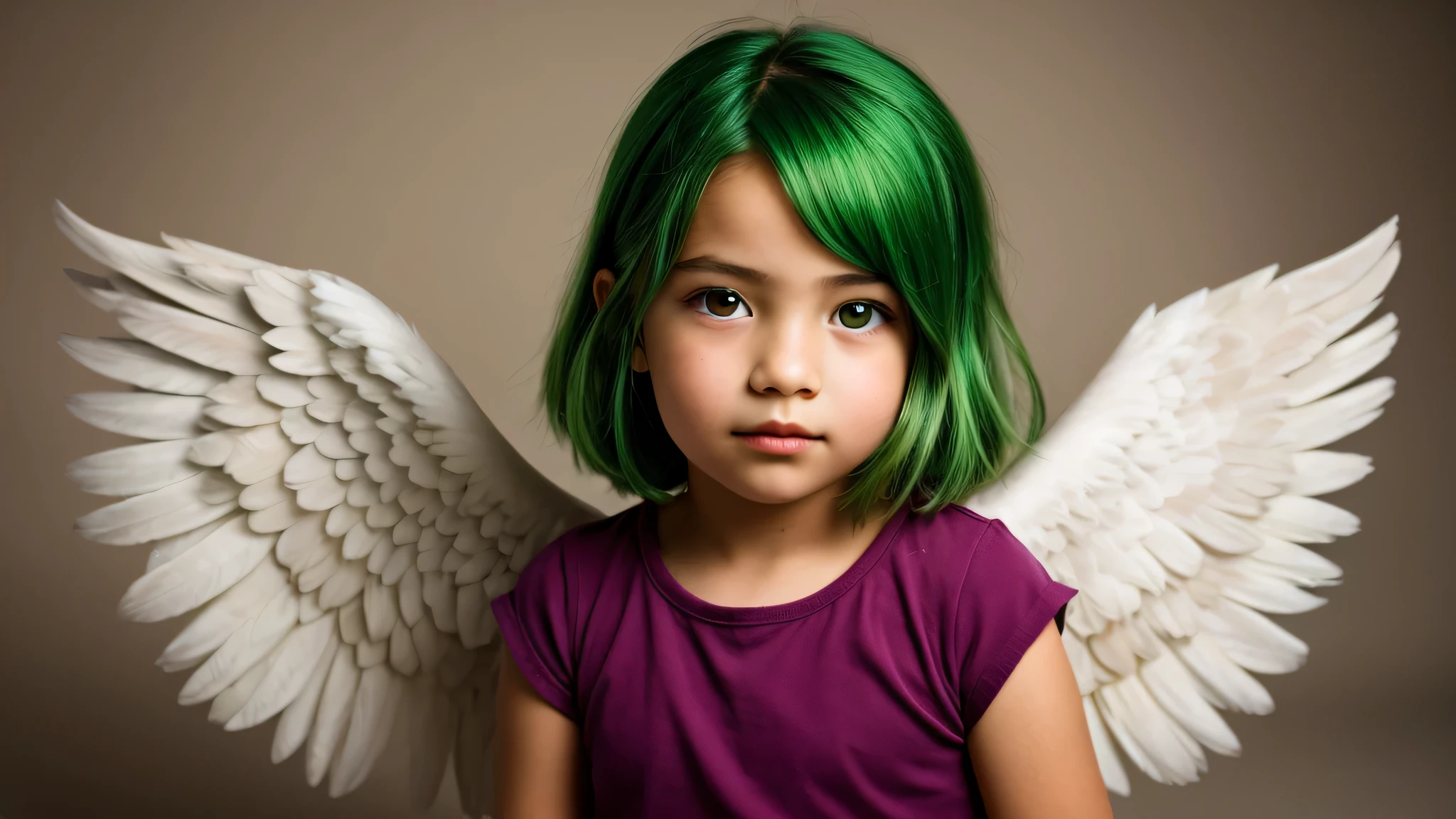 KIDS GIRL green hair in a wings of angel, portrait photo,