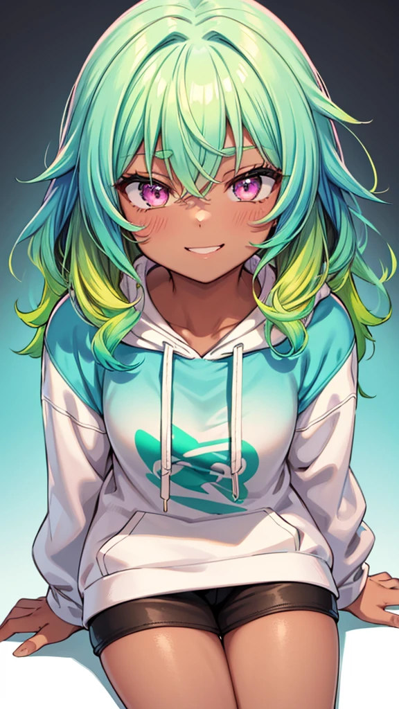 1girl, solo, solo focus, cowboy shot, portrait, oversized hoodie, aqua green and white hoodie, half aqua, half green, ((brown hair)), (yellow hair), (gradient hair :1.5), curly hair, ((pink eyes)), hyperdetailed eyes, tan, (caramel dark skin:1.1), best quality, ultra-detailed, white background, simple background, sitting, smiling