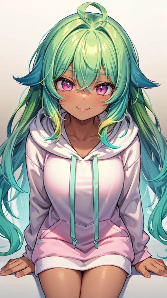 1girl, solo, solo focus, cowboy shot, portrait, oversized hoodie, aqua green and white hoodie, half aqua, half green, ((brown hair)), (yellow hair), (gradient hair :1.5), curly hair, ((pink eyes)), hyperdetailed eyes, tan, (caramel dark skin:1.1), best quality, ultra-detailed, white background, simple background, sitting, smiling