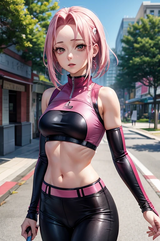 Sakura Haruno from Naruto.
[2]: Sakura, depicted in her recognizable ninja attire, exhibits an expression of determination and strength. Her pink hair, symbolic of her character, contrasts sharply with her green eyes, while her forehead protector gleams with pride.
[3]: The environment is a simple, stark black background. This choice accentuates her vibrant colors and adds a sense of gravity to her presence, focusing the viewer's attention solely on her.
[4]: The mood of the scene is one of intensity and focus, reflecting Sakura's inner strength and growth throughout the Naruto series.
[5]: The atmosphere is heavy yet elegant, filled with a sense of purpose. The black backdrop not only enhances her features but also adds a timeless and poignant aura to her depiction.
[6]: Lighting is strategically employed to highlight her facial features and outfit. A soft rim light outlines her form, separating her from the dark background and emphasizing her stance. The quality of light is cool and precise, casting subtle shadows that align with the overall mood.