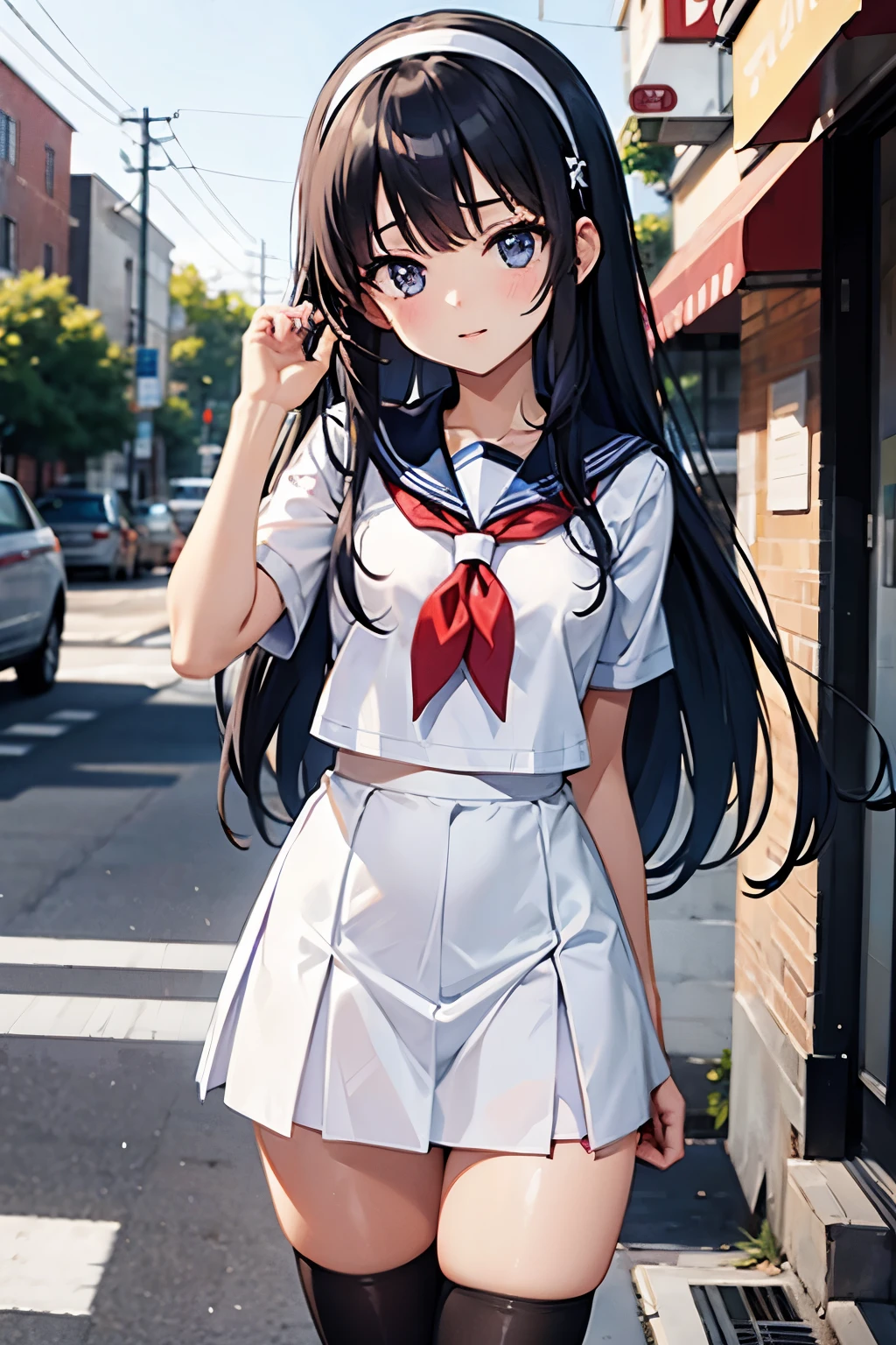 High school girl in sailor suit, Anime 2D rendering, White headband, Shanny face, black hair, Straight hair, Semi-Long Hair, navy blue sailor uniform, black stockings, school scenery, small face, Upper eye,