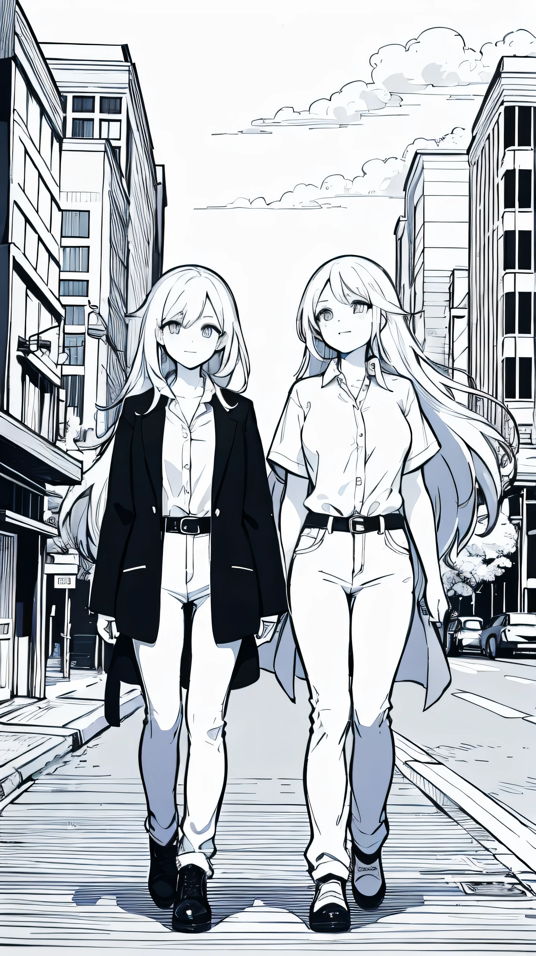 two girls walking down the street, Coloring book has no background color, black and white thin lines, high quality coloring books, Cityscape, color no, no black fill, highest quality, super high quality, white shirt, gray hairs, White Tight Jeans, white collar, gray hair, small breasts, baby face, cute smile, high school girl, manga, slender body, extremely beautiful high school girl, no skin color,