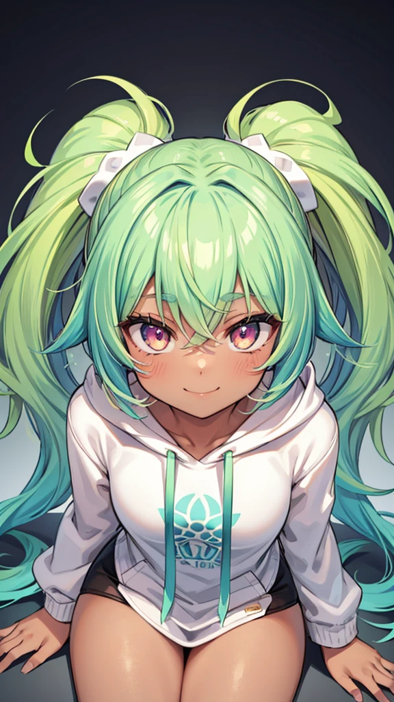 1girl, solo, solo focus, cowboy shot, portrait, oversized hoodie, aqua green and white hoodie, half aqua, half green, ((brown hair)), (yellow hair), (gradient hair :1.5), curly hair, ((pink eyes)), hyperdetailed eyes, tan, (caramel dark skin:1.1), best quality, ultra-detailed, white background, simple background, sitting in a lotus yoga position, smiling, top view