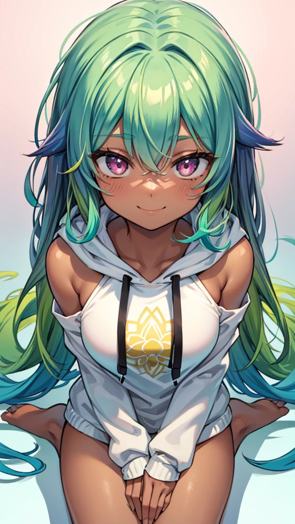 1girl, solo, solo focus, cowboy shot, portrait, oversized hoodie, aqua green and white hoodie, half aqua, half green, ((brown hair)), (yellow hair), (gradient hair :1.5), curly hair, ((pink eyes)), hyperdetailed eyes, tan, (caramel dark skin:1.1), best quality, ultra-detailed, white background, simple background, sitting in a lotus yoga position, smiling, top view