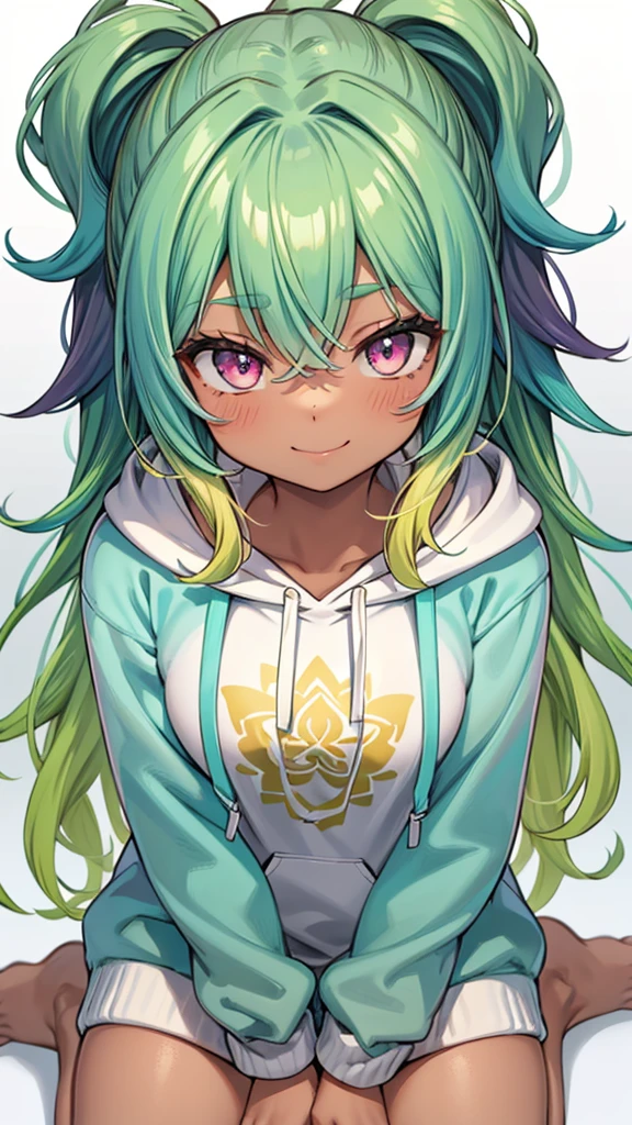 1girl, solo, solo focus, cowboy shot, portrait, oversized hoodie, aqua green and white hoodie, half aqua, half green, ((brown hair)), (yellow hair), (gradient hair :1.5), curly hair, ((pink eyes)), hyperdetailed eyes, tan, (caramel dark skin:1.1), best quality, ultra-detailed, white background, simple background, sitting in a lotus yoga position, smiling, top view