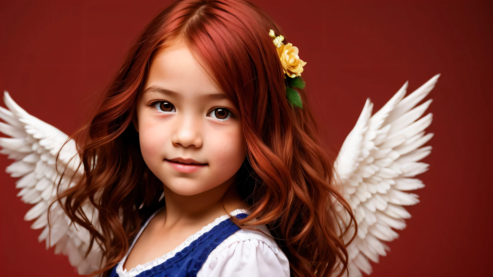 KIDS GIRL red hair in a wings of angel, portrait photo, red background.