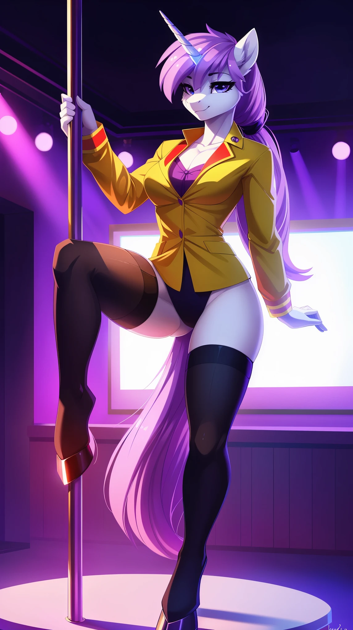 uploaded on e621, by Bayard Wu, by Hioshiru, by fluff-kevlar, solo anthro, ((latina)), adult teacher, ((fireman uniform), (black stockings)), Fluffy pony, MLP, My Little Pony, (detailed background, nightclub, poledance), (lilac hair, long hair, long ponytail), unicorn, focus on girl, flawless face, gorgeous body, Hourglass body, feet focus (hooves in legwears), Fluffy, fluffy girl, Body fur, Animal nose, muzzle, 1girl, full body, Detailed fur, Balanced coloring, ((Long mane, pony tail)), (Detailed fur), (detailed skin), (Cinematic lighting), commission for high res, Furry art, pov furry art, Sakimichan is beautiful, Masterpiece, Best Quality, Detailed image, Bright colors, Detailed Face, perfect lighting, Perfect shadows, Perfect eyes, focus on girl, flawless face, gorgeous body, ((seductive)), flirty by sexy hips, pole dancing, [striptease, part-time job, undressing]