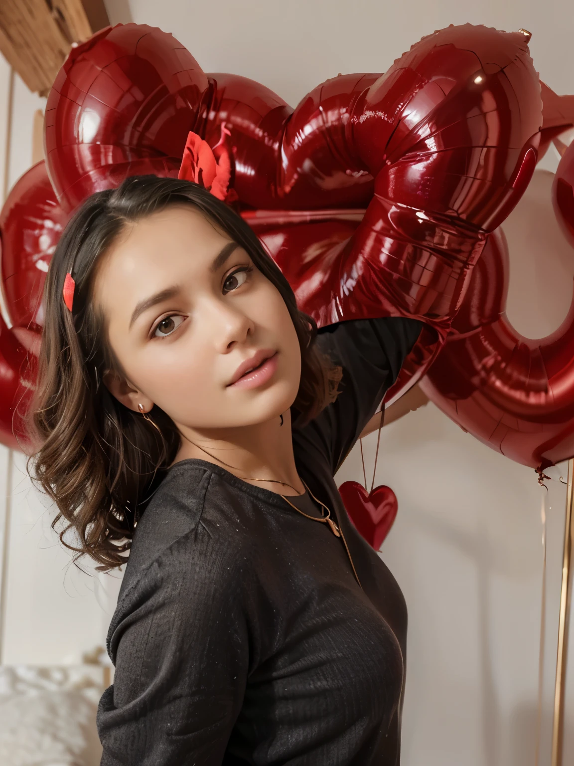 Girl with long beautiful curls, girl in a red shiny dress, red hearts on the background, natural sun light