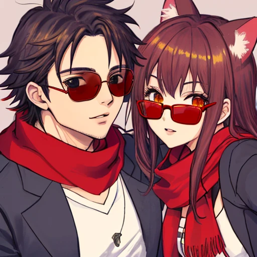 estilo anime, casal, na esquerda que gosta de gatos, na direta , he is wearing a red scarf with shades paltel glasses