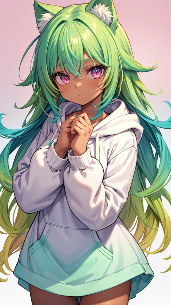 1girl, solo, solo focus, cowboy shot, portrait, oversized hoodie, aqua green and white hoodie, half aqua, half green, ((brown hair)), (yellow hair), (gradient hair :1.5), curly hair, ((pink eyes)), hyperdetailed eyes, tan, (caramel dark skin:1.1), best quality, ultra-detailed, white background, simple background, nyan nyan dance