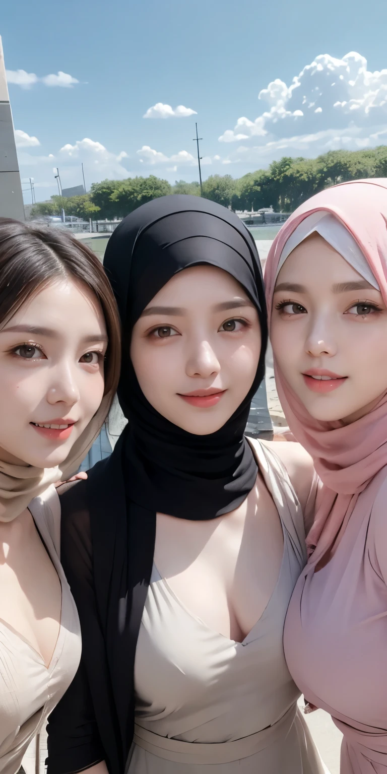 Threesome girls, wear hijabs, ((Best quality, 8k, Masterpiece :1.37), multiple people wear hijab, Big breasts:1.5, (three girl hijabs moslem), Beautiful face, Ultra-HD Face, Face Lighting, Lips laughed lightly, ((Undressing Nude Figure:1.2)), position:Standing, ((Take a photo from below the thigh)), close up photo, (three girls wear hijab muslim), wear hijab muslim, small pussy, hairy pussy:0.4, (small pussy), small pussy, Realistic Vagina:1:6, tall building background, (Blue sky view, :1.1), face very detailed, detailed red lips, detailed eyes, (korean eyes), double eyelids, detailed nose, detailed legs, (threesome girls wear hijab moslem)