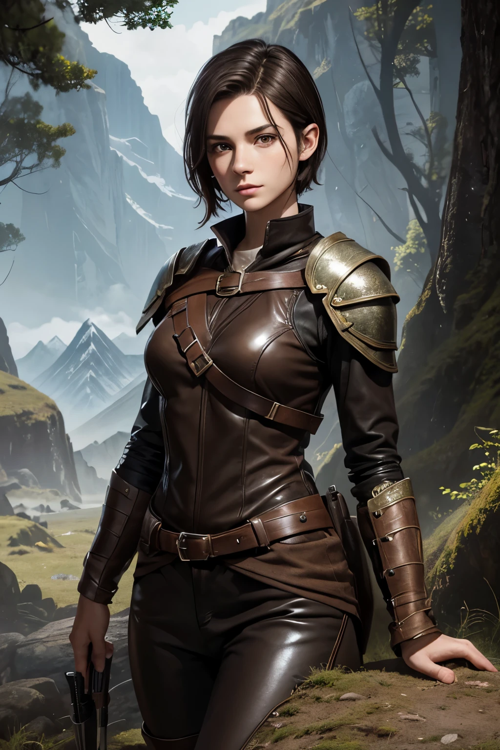 Fullbody Picture of a young female ranger. Very skinny. Fantasy style. Androgynous facial features. Soft facial features. Dark-brown hair. Very short hair. Manly haircut. Sidecut. A lot of freckles in the face. Upturned eyes. Long wide nose. Curved lips. Round face. Round chin. Soft chin. Very small breasts. Long thick legs. Long neck. Very pale skin. Looking friendly. Dark brown eyes. Wearing tight leather revealing leather armor. Background: Bright and colourful landscape with mountains and forests.