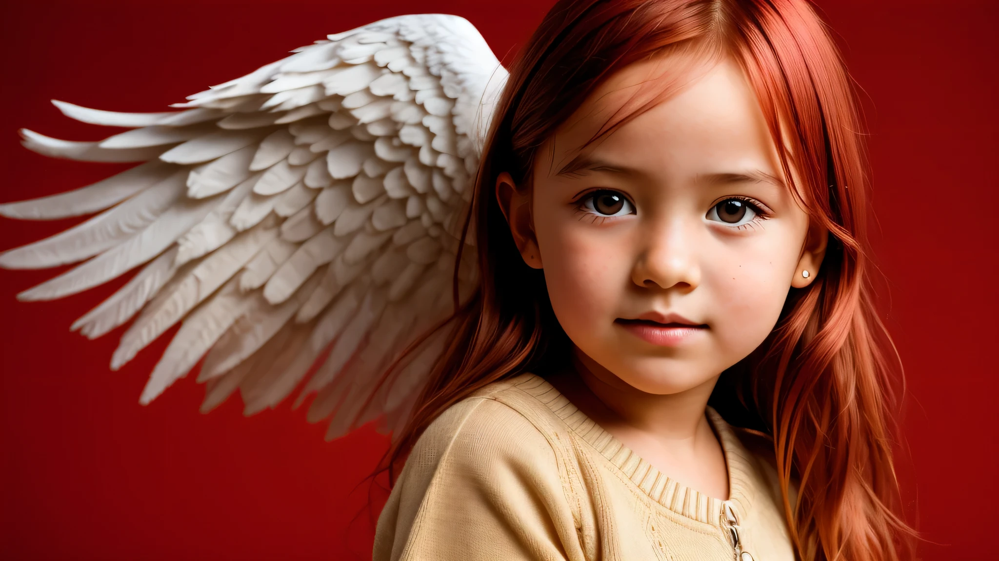 KIDS GIRL red hair in a wings of angel, portrait photo, red background.