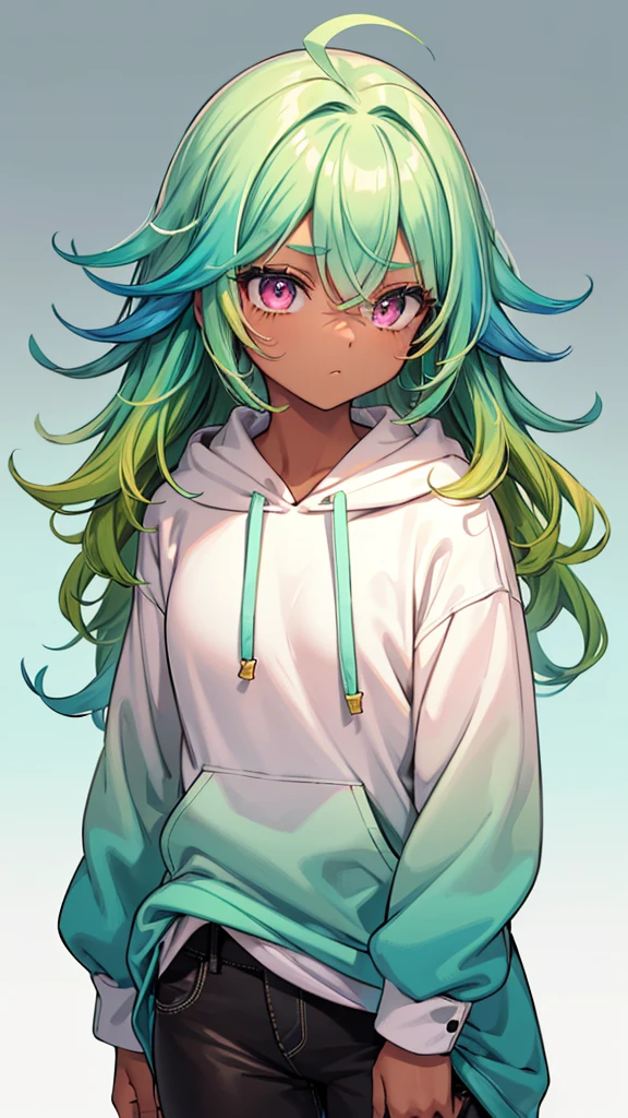 1girl, solo, solo focus, cowboy shot, portrait, oversized hoodie, aqua green and white hoodie, half aqua, half green, ((brown hair)), (yellow hair), (gradient hair :1.5), curly hair, ((pink eyes)), hyperdetailed eyes, tan, (caramel dark skin:1.1), best quality, ultra-detailed, white background, simple background, back view