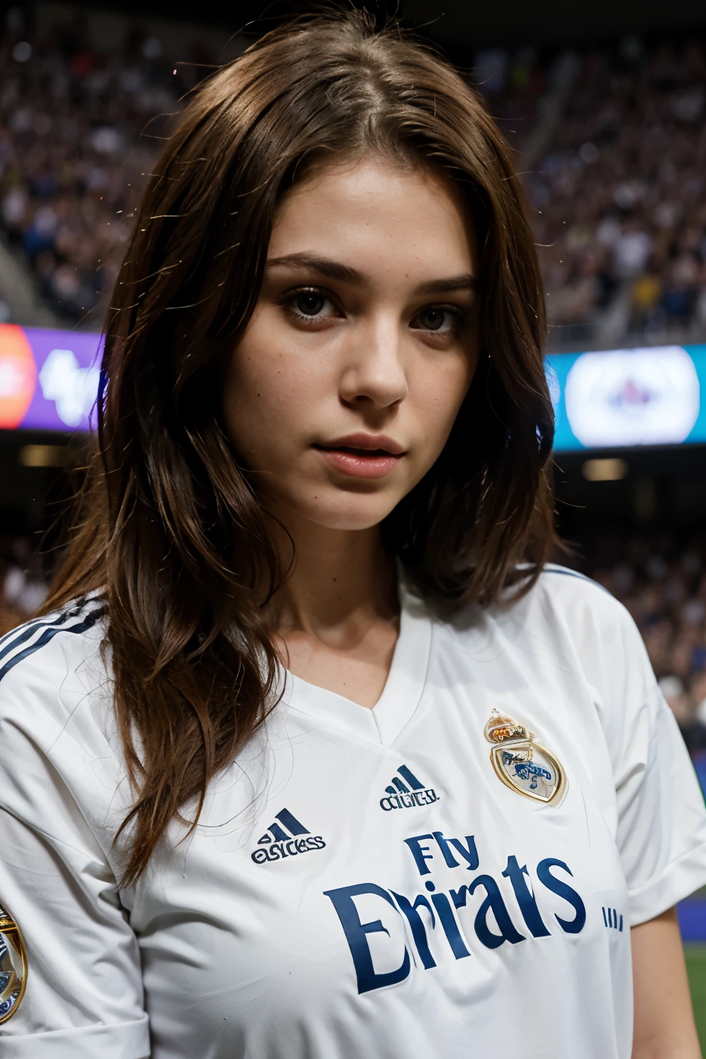 generate me a brunette model who is dressed in a real madrid football jersey