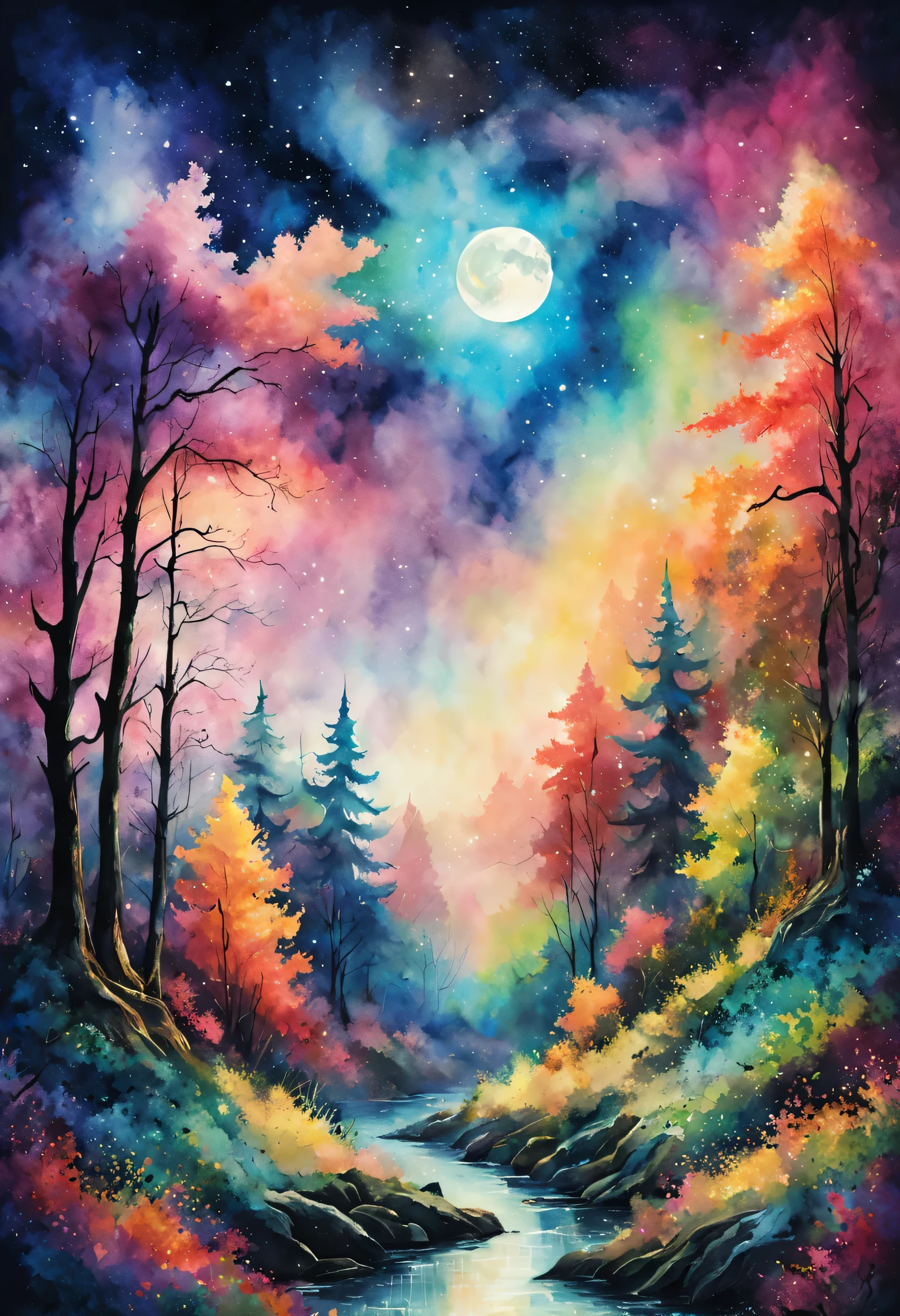 Aurora spreads across the night sky,moon,landscape,watercolor painting,lightのカーテン,colorful,rich colors,dream-like,wonderful,bless,lightの粒,dark background,masterpiece,be familiar with,magic effect,light, breathtaking renderings, in a radiant connection, Inspired by Kinuko Y. , magic elements, , Is beautiful, colorfulな呪文を唱える, 明るいflash, flash,Van Goffo'painting style,Silhouette of the forest