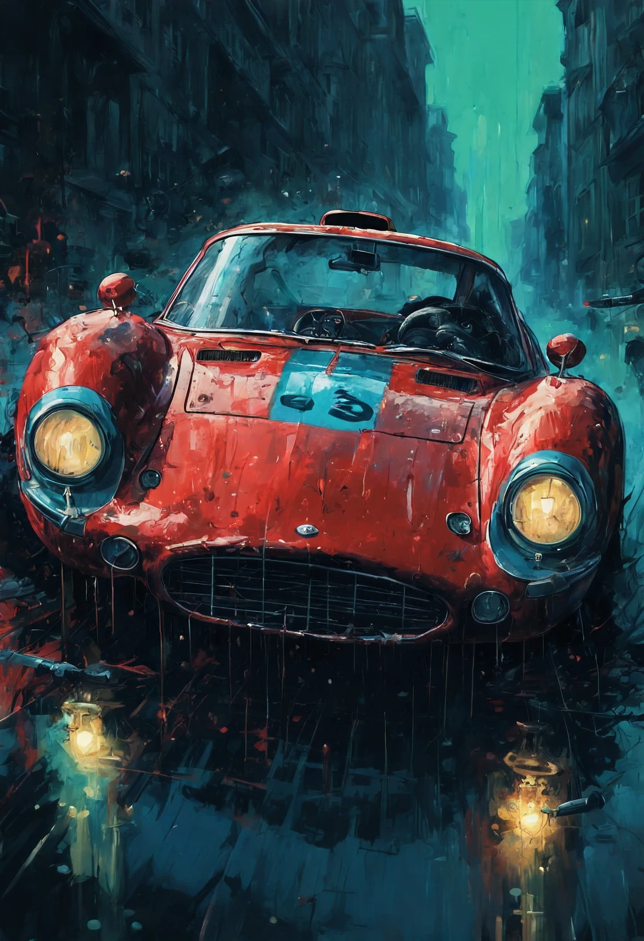 A red race car in the style of sam spratt, historical vintage car, old masters, genndy tartakovsky, soggy, masaccio, a 1990s poster style with dark green and blue details, colorful with vibrant colors, (low-light, breathtaking panoramic:1.3)