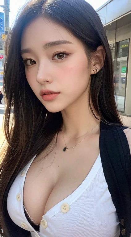 ((best qualtiy, 8K, tmasterpiece:1.3)), Sharp:1.2, perfect figure beautiful woman:1.4, Slim abs:1.2, ((Layered Hair Style, huge tit:1.3,cleavage:1.2)), (A long shirt with transparent wet black buttons:1.1),(Sateen,the street:1.2),Highly detailed facial and skin texture,A detailed eye,二重まぶた,Look sideways at the camera
