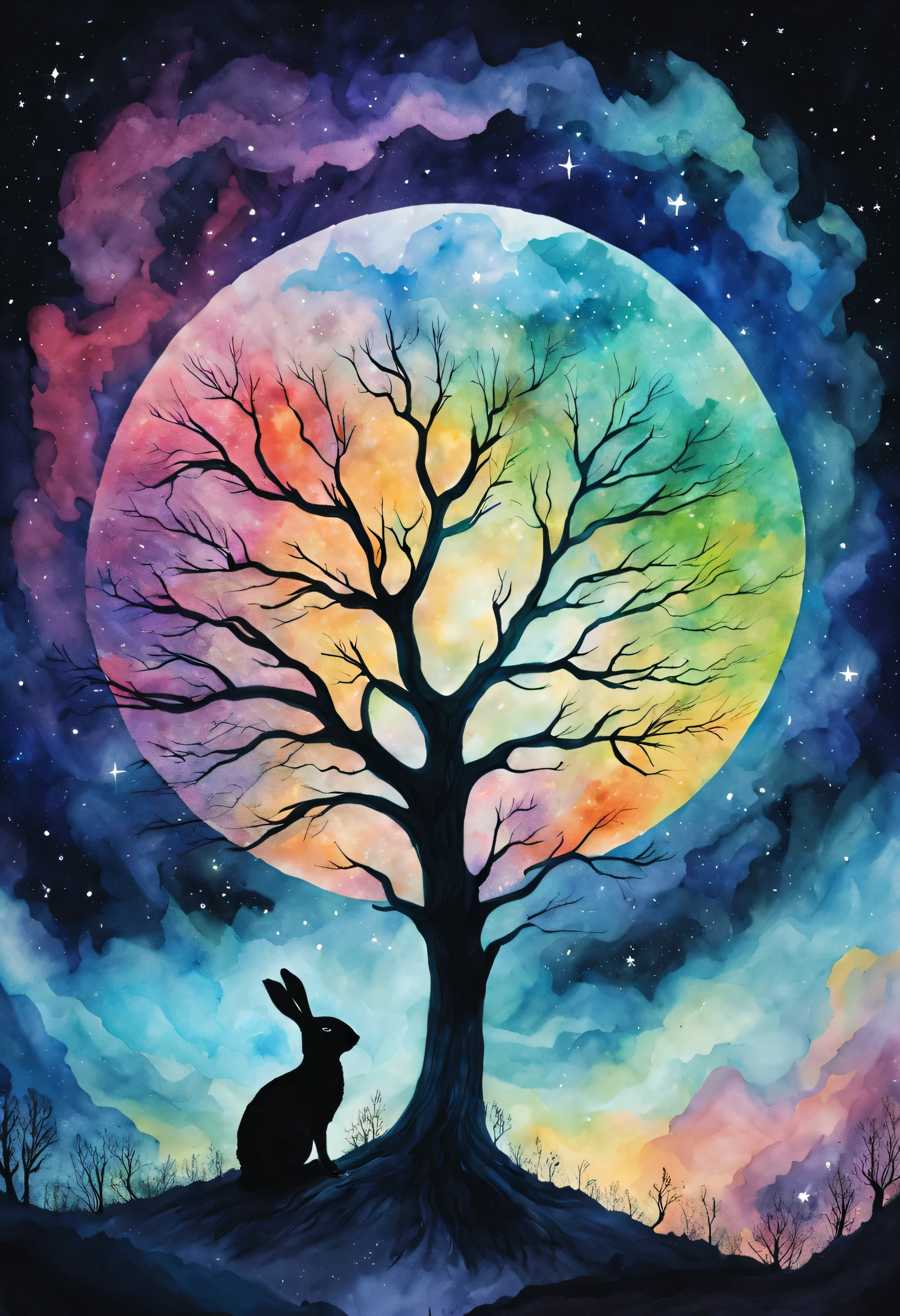 Aurora spreads across the night sky,moon,landscape,watercolor painting,lightのカーテン,colorful,rich colors,dream-like,wonderful,bless,lightの粒,dark background,masterpiece,be familiar with,magic effect,light, breathtaking renderings, in a radiant connection, Inspired by Kinuko Y. , magic elements, , Is beautiful, colorfulな呪文を唱える, 明るいflash, flash,Van Goffo'painting style,dead tree and rabbit silhouette