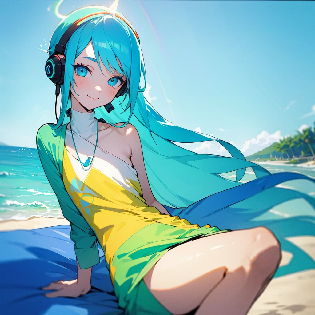 A young woman with tied-up colored Blue cyan aqua hair and eyes resembling a rainbow, listening to calm music on headphones, with a sexy smile, holding a cold drink, dressed in tropical light clothing, in a chalet at a beach. An image that inspires calmness, tranquility, lightness, simplicity, and comfort.