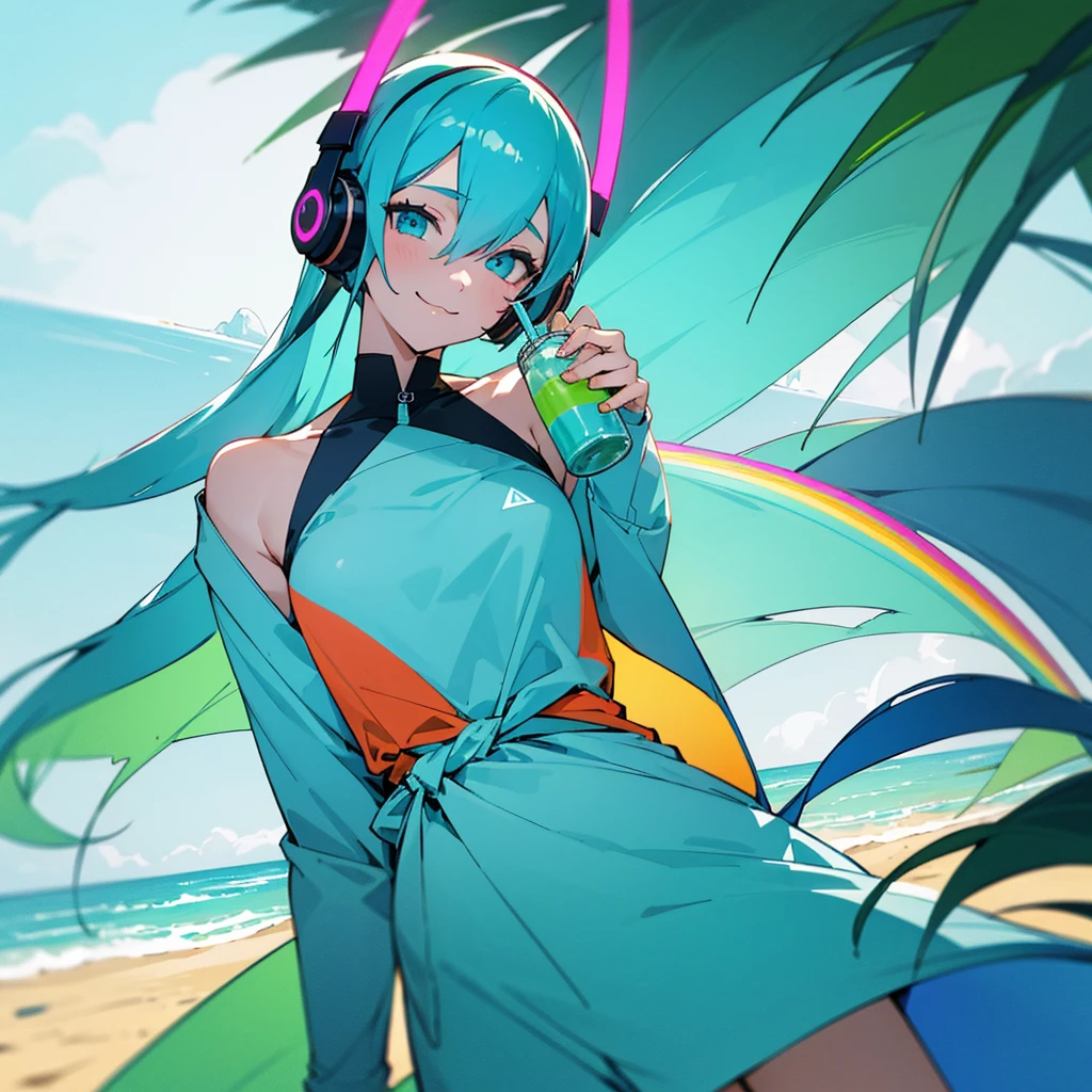 A young woman with tied-up colored Blue cyan aqua hair and eyes resembling a rainbow, listening to calm music on headphones, with a sexy smile, holding a cold drink, dressed in tropical light clothing, in a chalet at a beach. An image that inspires calmness, tranquility, lightness, simplicity, and comfort.