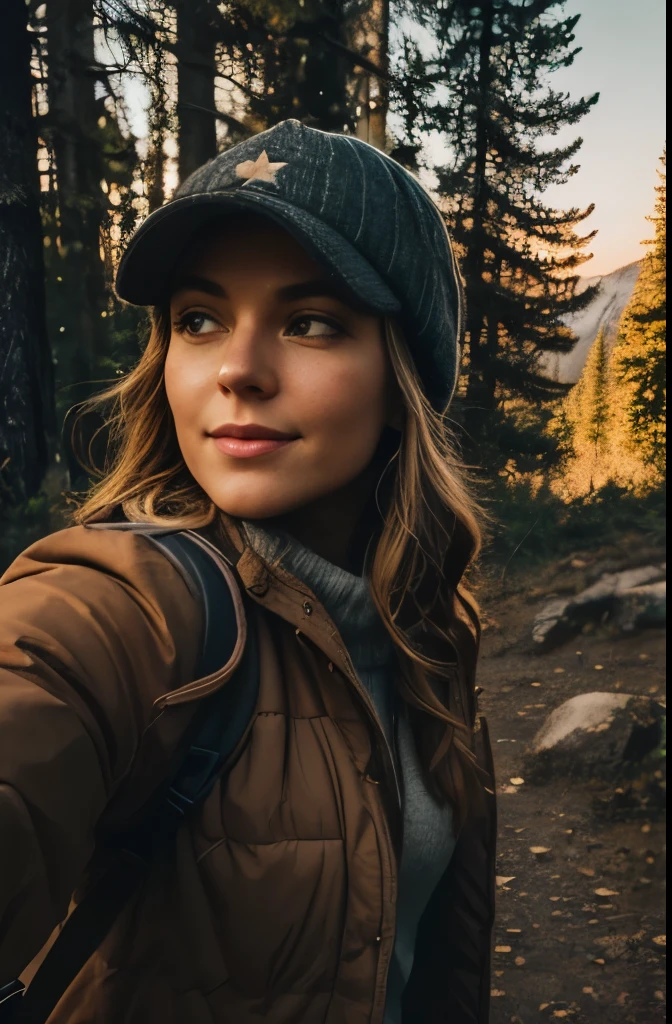 1 woman ((upper body selfie, happy)), masterpiece, best quality, ultra-detailed, solo, outdoors, (night), mountains, nature, (stars, moon) cheerful, happy, backpack, sleeping bag, camping stove, water bottle, mountain boots, gloves, sweater, hat, flashlight, forest, rocks, river, wood, smoke, shadows, contrast, clear sky, analog style (look at viewer:1.2) (skin texture) (film grain:1.3), (warm hue, warm tone:1.2), cinematic light, sidelighting, ultra high res, best shadow, RAW, upper body, wearing bra