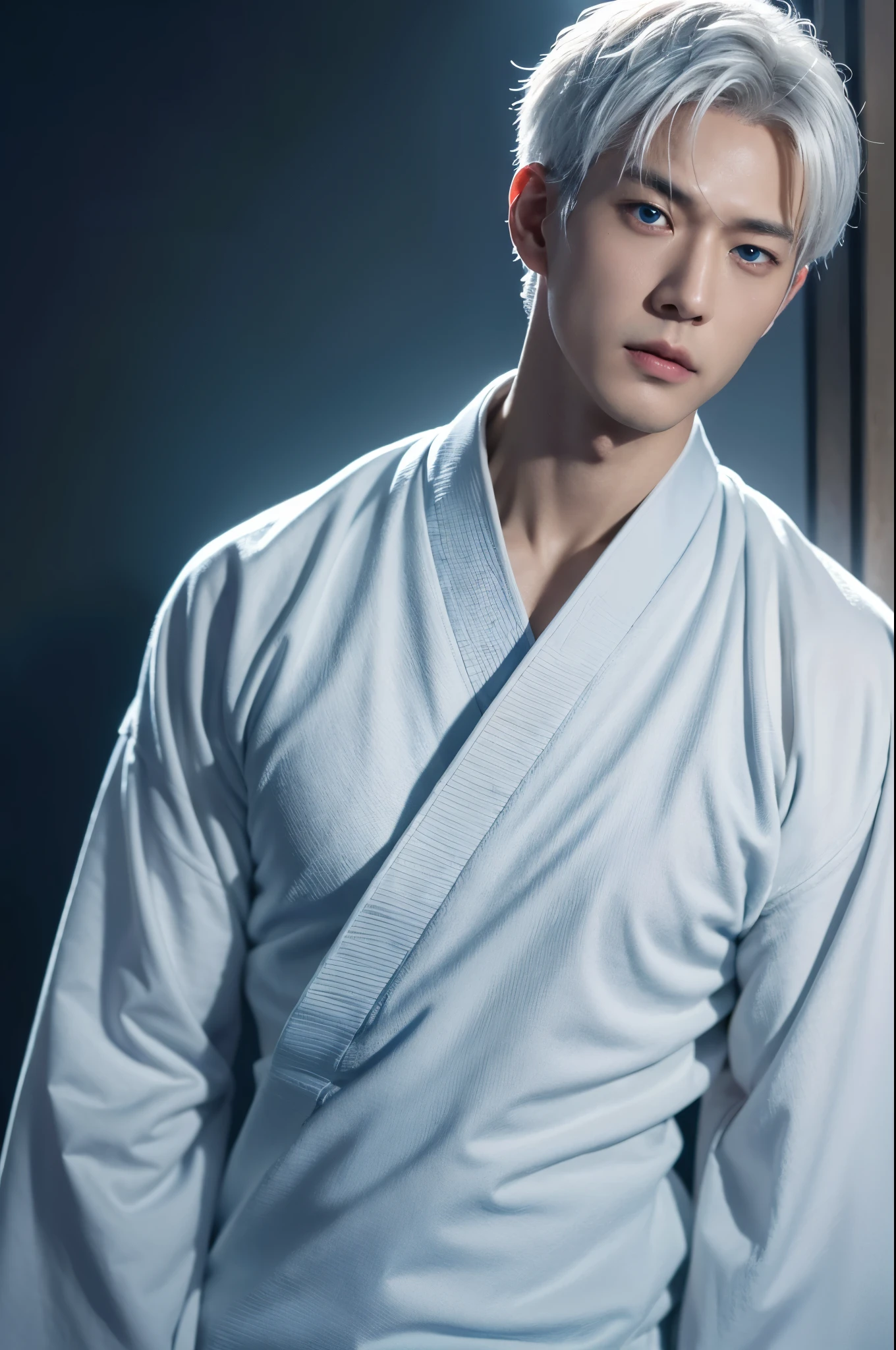handsome man, gojo satoru from jujutsu kaisen, asian handsome man, realistic short white hair, realistic blue eyes, ultra detailed eyes, realistic background in japanese style, realistic dark blue clothes, realistic clothes, detail clothes, ultra detail, realistic