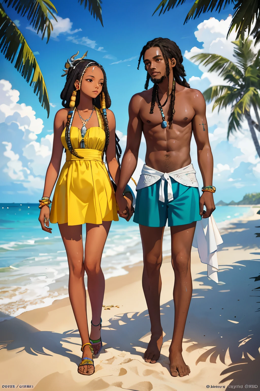 Title: "White Rastafarian Couple Watches Sunrise on the Beach - A Masterpiece"
Masterpiece cover art, seascape, white Rastafarian couple sits on sandy beach, watching sunrise, warm tropical colors, sun rays breaking through clouds, palms trees silhouette, 4k resolution, ultra-detailed, realistic textures, (shiny skin, tanned: 1.2), harmonious, loving couple, connecting with nature, gentle breeze, refined and vibrant colors, in style of Bob Marley's art, Rastafarian culture authentic, romantic and nostalgic mood.