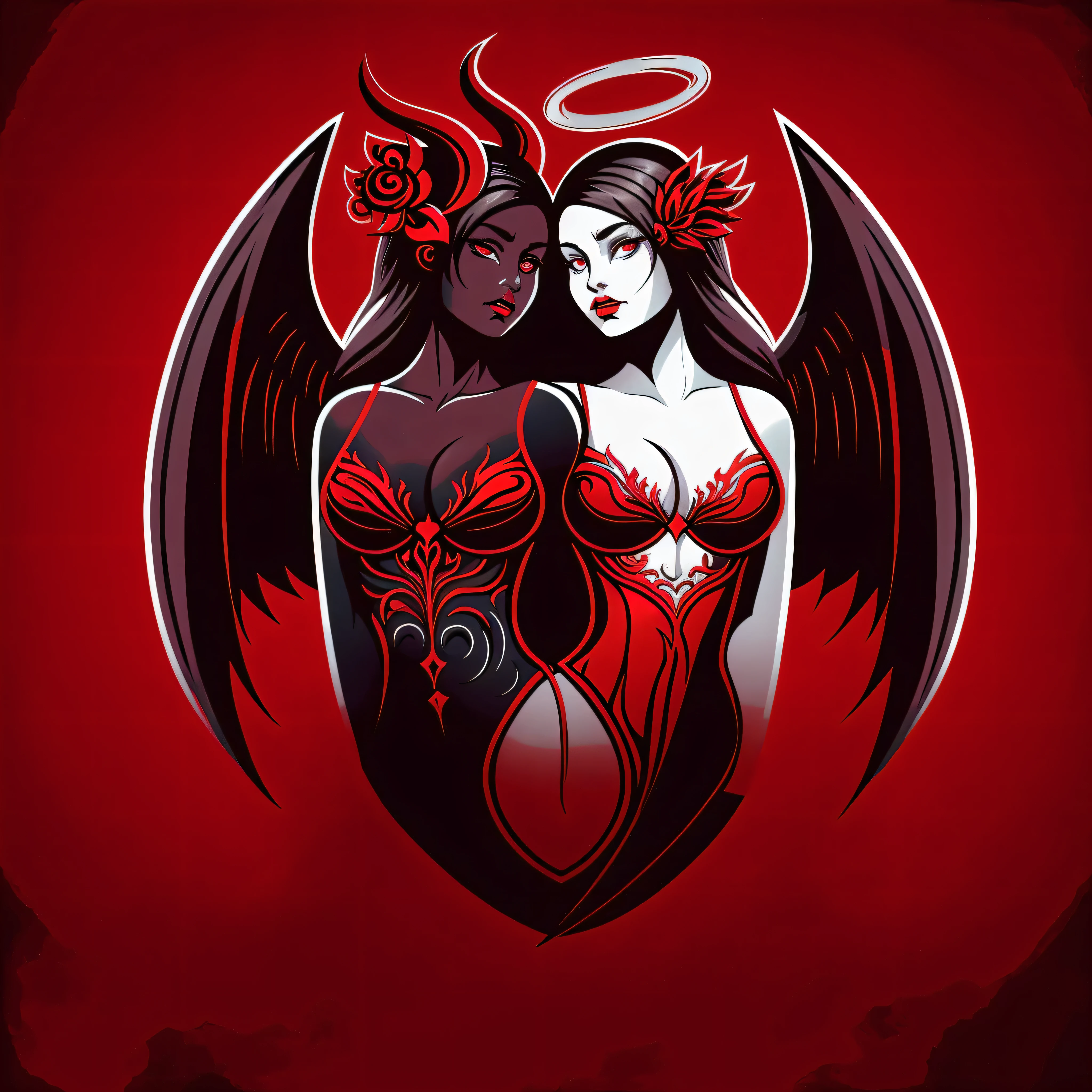 illustration of a woman with a demon head and demon wings, beautiful gemini o bem e o mal, diabo versus anjo, anjo versus diabo, o bem e o mal, No estilo Anne Stokes, beautiful Junto, incubus sensual e bonito, Junto, demon, linda e elegante rainha demon, mulher ama demon, art cover illustration, gothic art style