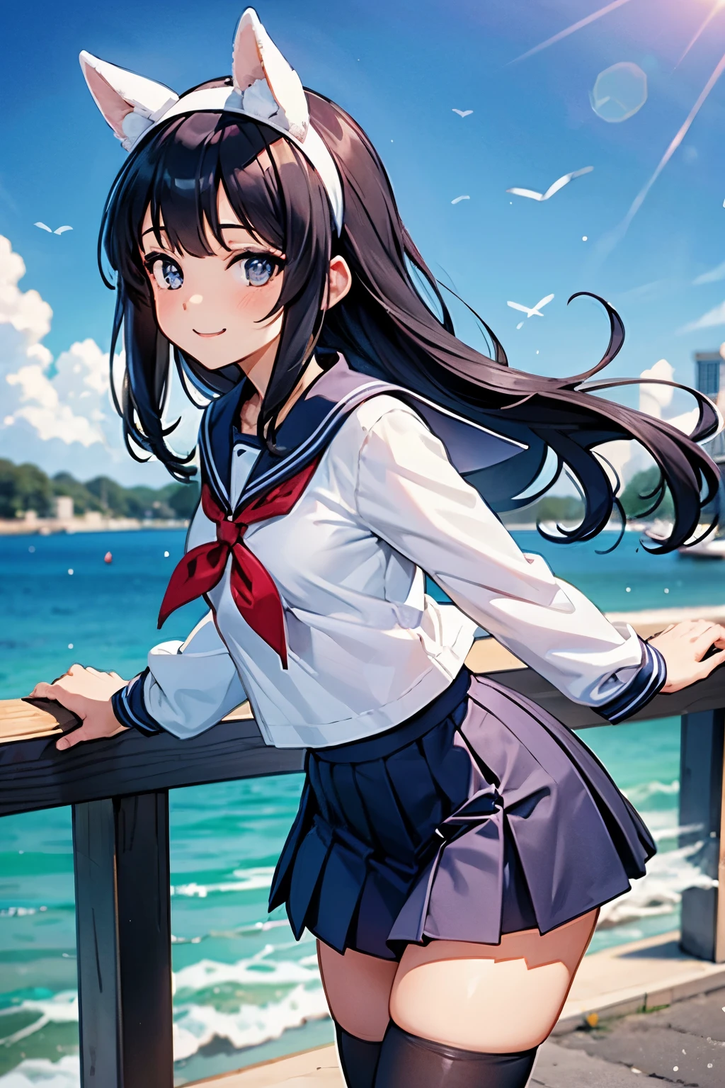 High school girl in sailor suit, Anime 2D rendering, White headband, smile, black hair, Straight hair, Semi-Long Hair, navy blue sailor uniform, black stockings, school scenery, small face, trot, 