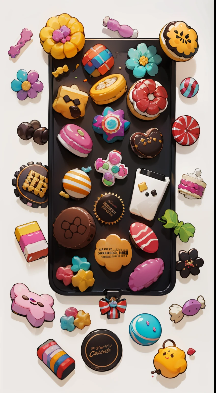 12 Individual pieces of candy placed in a white grid, digital art, white background, nothing background, simple background, dk, no gradient, Refinement, 12 different kinds of candy, 12 kinds of candy without packaging