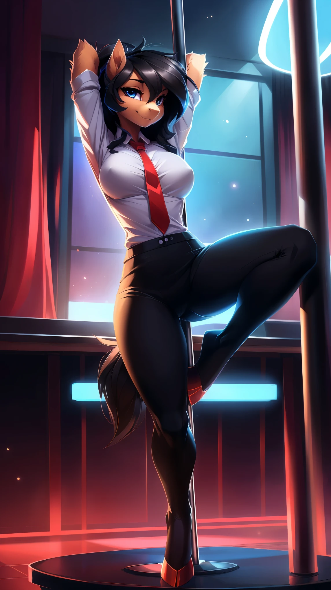 uploaded on e621, by Bayard Wu, by Hioshiru, by fluff-kevlar, by Thomas Benjamin Kennington, by Einshelm, solo anthro, ((latina)), adult teacher, ((wear a teacher uniform)), (toned fur), (black curly hair, dark shiny hair), Fluffy pony, MLP, My Little Pony, ((detailed background, red nightclub, poledance, watchers)), Average Breasts, well-groomed skin, (fluffy fur:1.4), fluffy tights, fluffy chest, focus on girl, flawless face, gorgeous body, Hourglass body, feet focus (hooves), Fluffy, fluffy girl, Body fur, Animal nose, muzzle, 1girl, full body, [explict content], [sharp-focus], (shaded), ((Masterpiece), Detailed fur, Balanced coloring, ((Long mane, pony tail)), (Detailed fur), (detailed skin), (Cinematic lighting), commission for high res, Furry art, pov furry art, Sakimichan is beautiful, Masterpiece, Best Quality, Detailed image, Bright colors, Detailed Face, perfect lighting, Perfect shadows, Perfect eyes, Perfect anatomy, focus on girl, flawless face, gorgeous body, ((seductive)), flirty by sexy hips, pole dancing, [striptease, part-time job, undressing], 