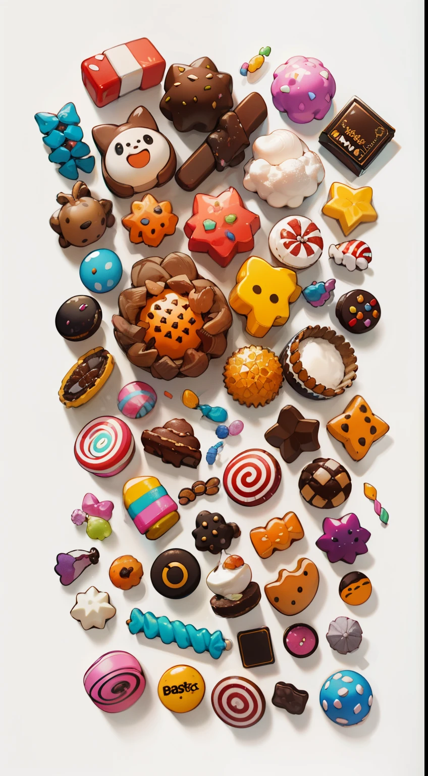 12 Individual pieces of candy placed in a white grid, digital art, white background, nothing background, simple background, dk, no gradient, Refinement, 12 different kinds of candy, 12 kinds of candy without packaging