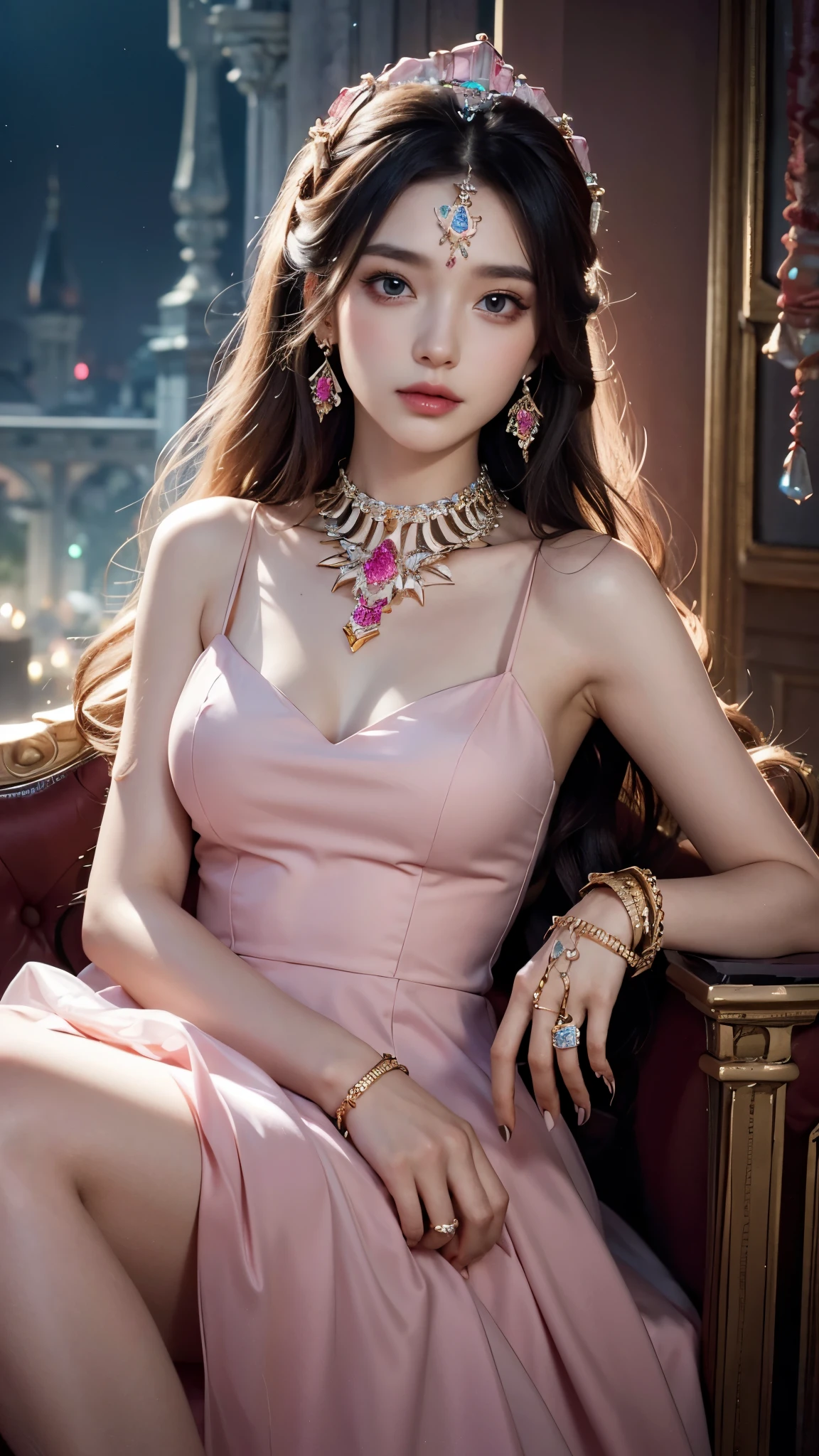 8K, ultra HD, masterpiece, 1 girl, good face, smoggy makeup, very long hair, detailed eyes, detailed lips, medium figure, fantasy dress, very detailed dress, pink dress, (jewelry:1.8), princess castle, bloom, night lighting, sitting,