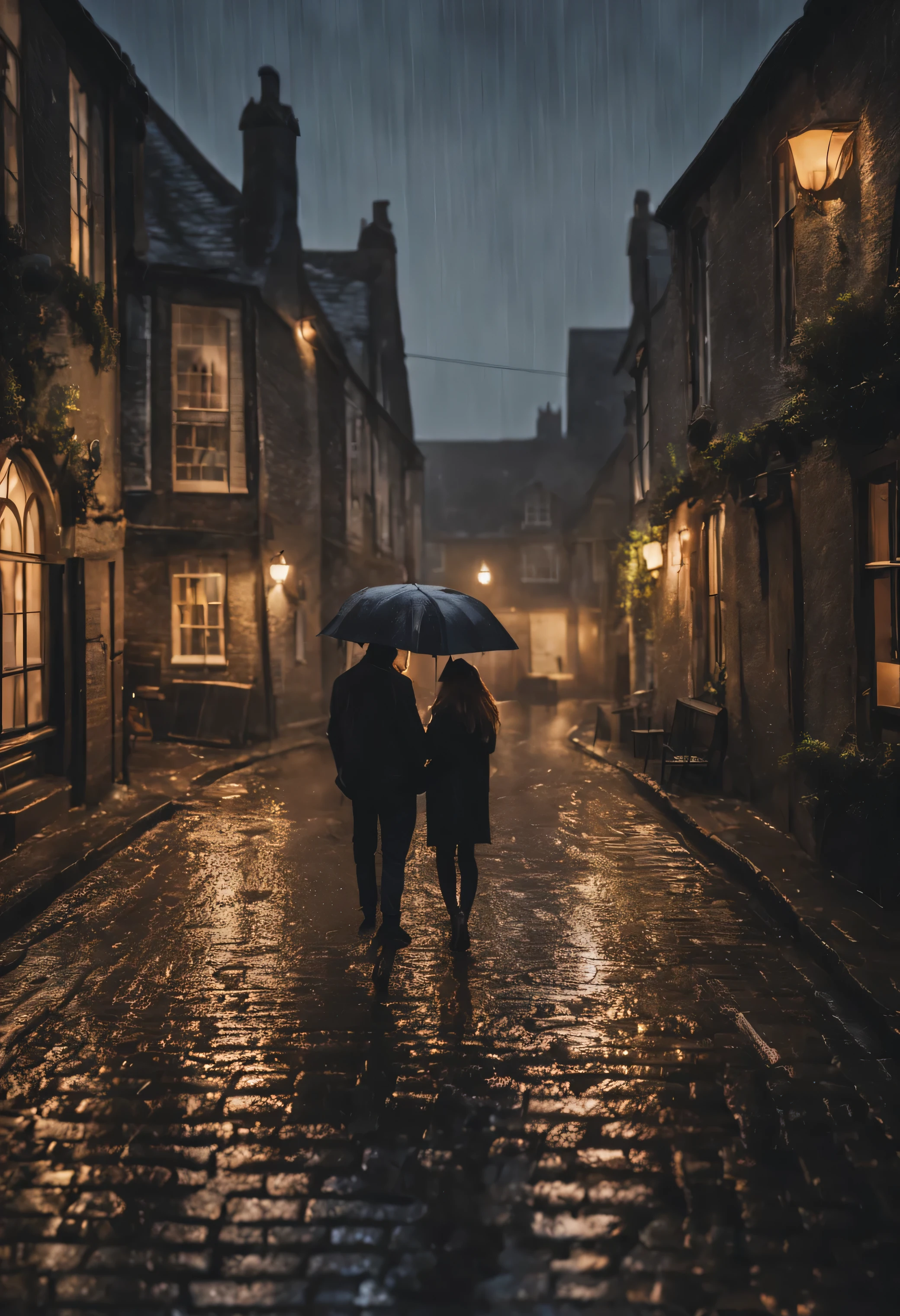 Personal view of a couple dancing in a beautiful orbore square, Centro da cidade da Inglaterra, Vila Inglesa, amazing wallpaper, Cidade inglesa, Vila Inglesa, casal na chuva, foto hiper realista de uma cidade, casal na chuva of an old Vila Inglesa , por Raymond Han, noite chuvosa, castelo antigo cyberpunk, beautifully lit buildings, at evening during rain, beautiful and aesthetic, fotografia, cinematographic, 8k, altamente detalhado ((chuva pesada)))
