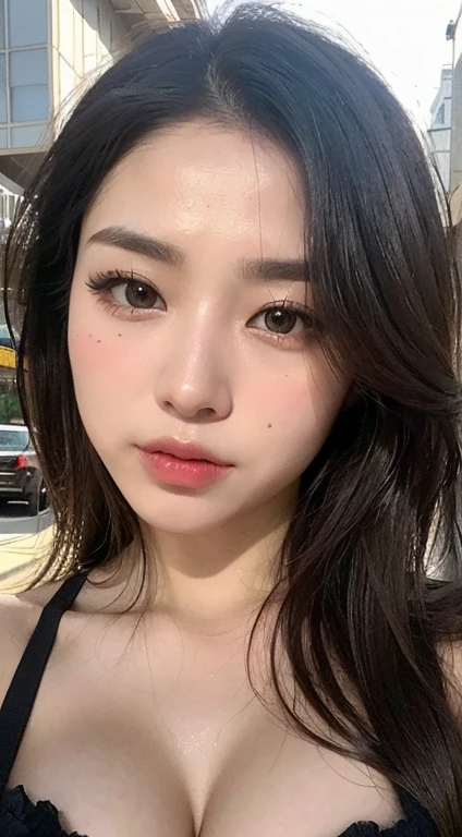 ((best qualtiy, 8K, tmasterpiece:1.3)), Sharp:1.2, perfect figure beautiful woman:1.4, Slim abs:1.2, ((Layered Hair Style, huge tit:1.3,cleavage:1.2)), (A long shirt with transparent wet black buttons:1.1),(Sateen,the street:1.2),Highly detailed facial and skin texture,A detailed eye,二重まぶた,Look sideways at the camera