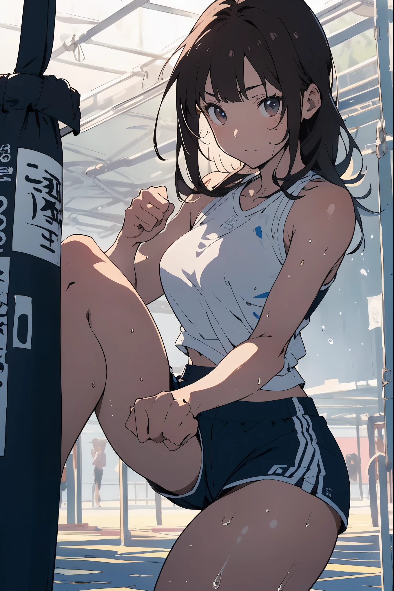 (masterpiece,Best Quality,Detailed beautiful face and eyes:1.2,Perfect Anatomy:1.2,beautiful illustrations,best anime:1.2),cowboy shot, (1woman,solo)、action pose、18 year old beauty、brown hair、long hair ,blunt bangs,brown eyes,perfect proportion,slender body,skinny,medium breasts,naked,gleaming skin,oliy skin,shiny skin,(practicing martial arts:1.2、kick the punching bag:1.2、Standing on one leg、kick with right leg),sweaty and wet body、sportswear、white tight sleeveless shirt、navy blue short tight shorts、Large playground、Academy、during the day、sunlight