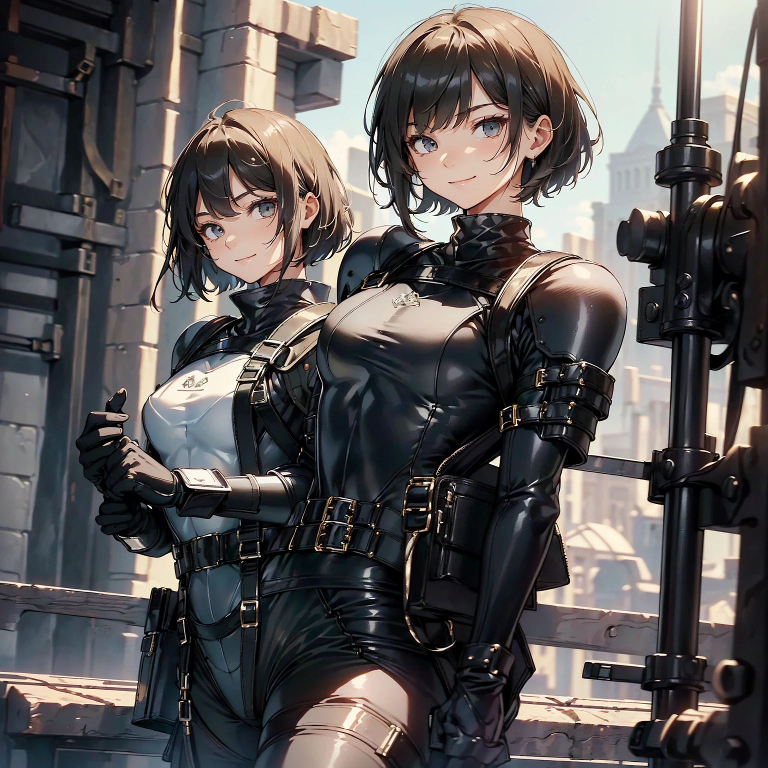 (masterpiece、highest quality、highest resolution、clear_image、detailed details): (whole body、18 year old female fighter,Slender、small face、black super bob short hair、Shiny black tight combat uniform,tight suit、Gentle smile、Backpack)