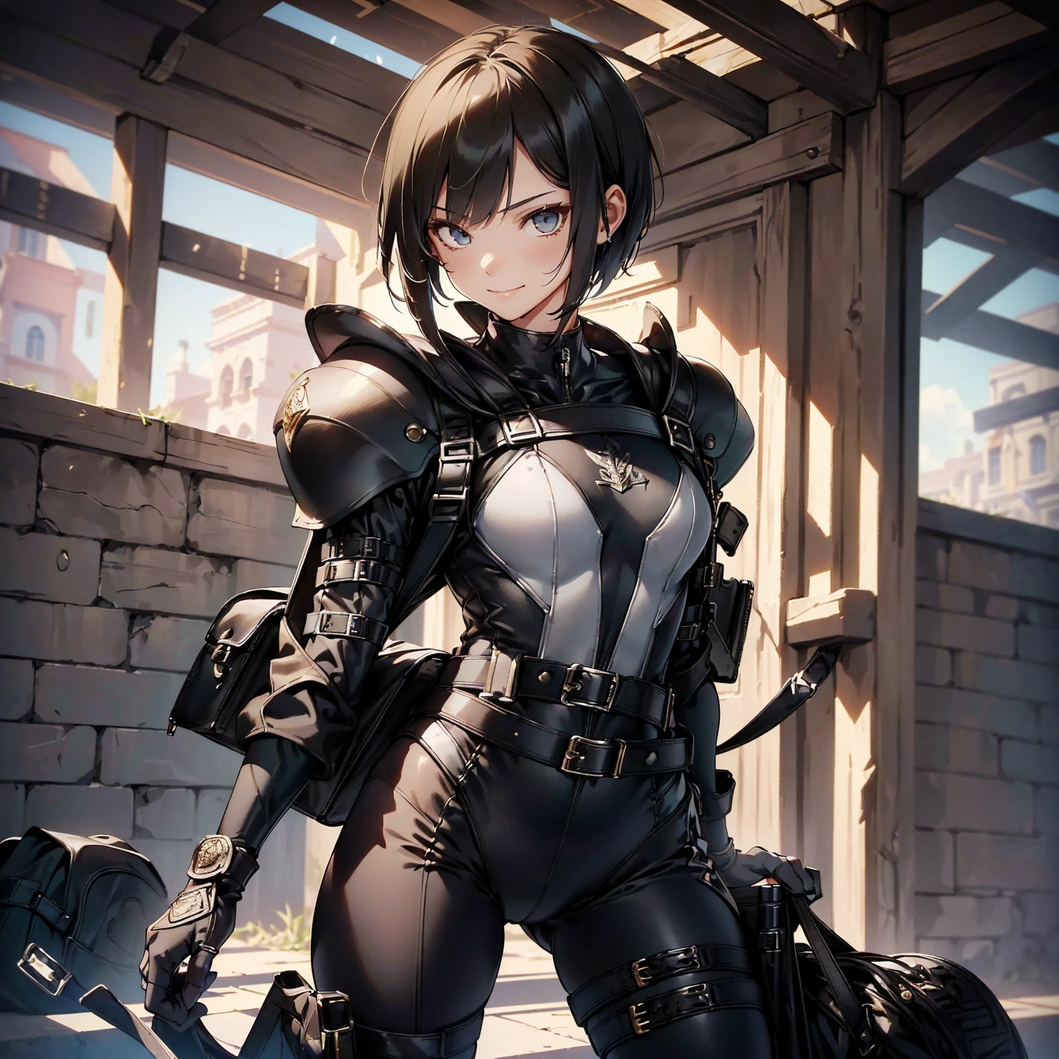 (masterpiece、highest quality、highest resolution、clear_image、detailed details): (whole body、18 year old female fighter,Slender、small face、black super bob short hair、Shiny black tight combat uniform,tight suit、Gentle smile、Backpack)