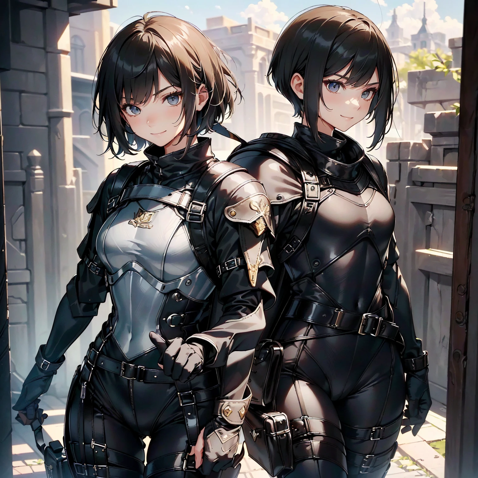(masterpiece、highest quality、highest resolution、clear_image、detailed details): (whole body、18 year old female fighter,Slender、small face、black super bob short hair、Shiny black tight combat uniform,tight suit、Gentle smile、Backpack)