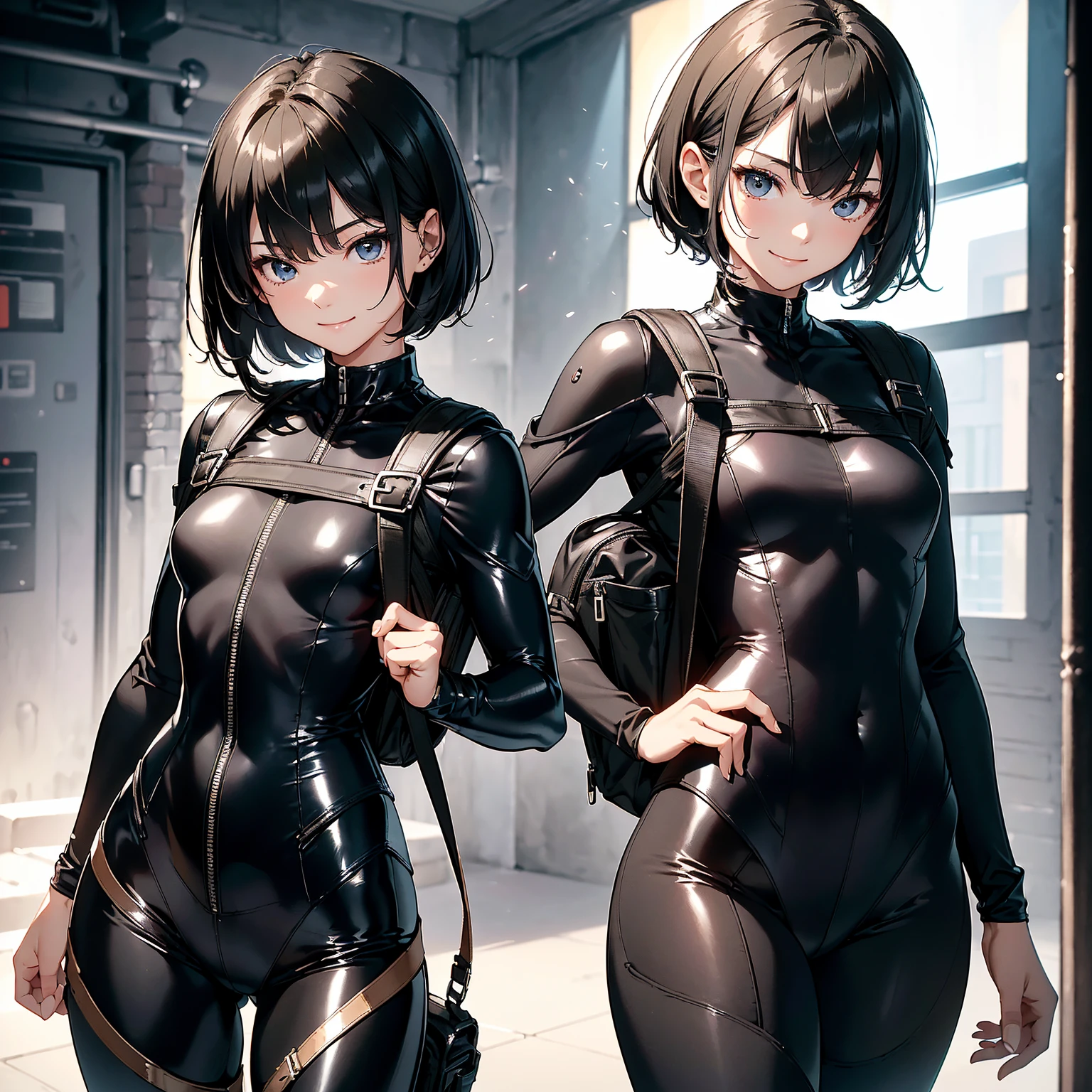 (masterpiece、highest quality、highest resolution、clear_image、detailed details): (whole body、18 year old female fighter，Slender、small face、black super bob short hair、Shiny black tight combat uniform，tight suit、Gentle smile、Backpack)
