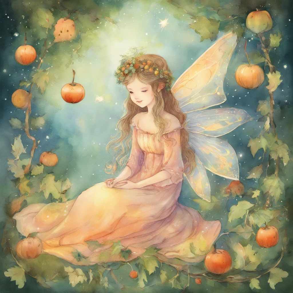 星の木から星をharvestする乙女たち,great atmosphere,picture book illustrations,watercolor painting,star tree fruit,harvest,myth,fantasy,Light,anatomically correct,cute,Friendly