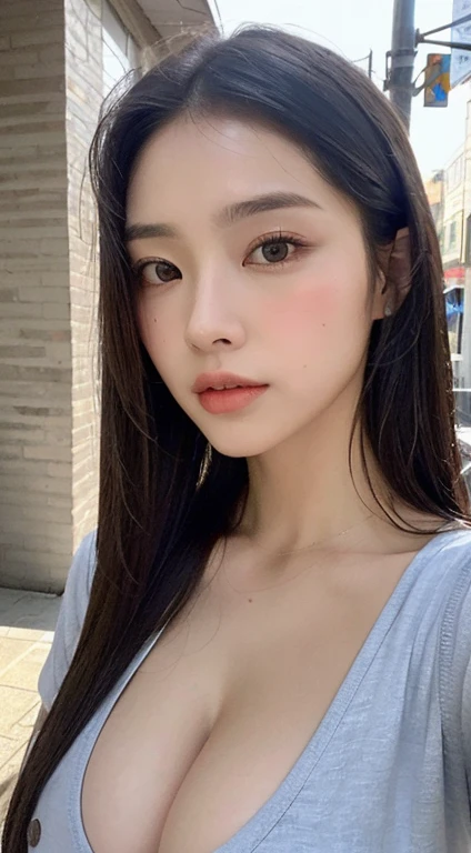((best qualtiy, 8K, tmasterpiece:1.3)), Sharp:1.2, perfect figure beautiful woman:1.4, Slim abs:1.2, ((Layered Hair Style, huge tit:1.3,cleavage:1.2)), (A long shirt with transparent wet black buttons:1.1),(Sateen,the street:1.2),Highly detailed facial and skin texture,A detailed eye,二重まぶた,Look sideways at the camera