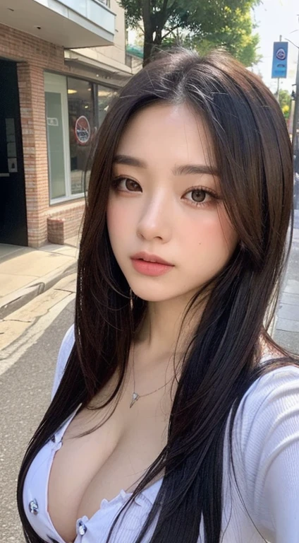 ((best qualtiy, 8K, tmasterpiece:1.3)), Sharp:1.2, perfect figure beautiful woman:1.4, Slim abs:1.2, ((Layered Hair Style, huge tit:1.3,cleavage:1.2)), (A long shirt with transparent wet black buttons:1.1),(Sateen,the street:1.2),Highly detailed facial and skin texture,A detailed eye,二重まぶた,Look sideways at the camera