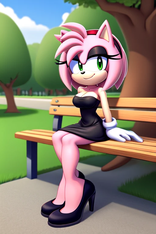 full body, Amy Rose, seductive, red hairband, medium breast, bare shoulder, little black dress, strapless dress, skin-tight dress, black high heels, daytime, park background, smile, hand on hip, sitting down on a park bench, 2D illustration